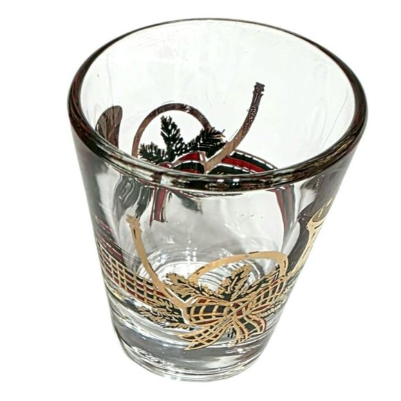 VTG Culver Christmas Shot Glass Yule French Horn 22K Gold MCM Plaid Bow Holiday - Picture 5 of 9